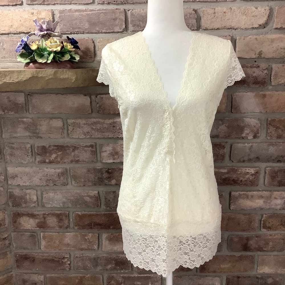 CAbi Sheer Lace V-Neck Cap Sleeve Top 32